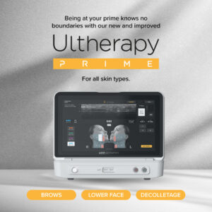 Ultherapy Prime - Kaya Cosmedica A medical device screen displaying Ultherapy PRIME treatment information with an image of a woman’s face. Text above and below highlights its use for non-invasive skin lifting and skin tightening on brows, lower face, and décolletage for all skin types.