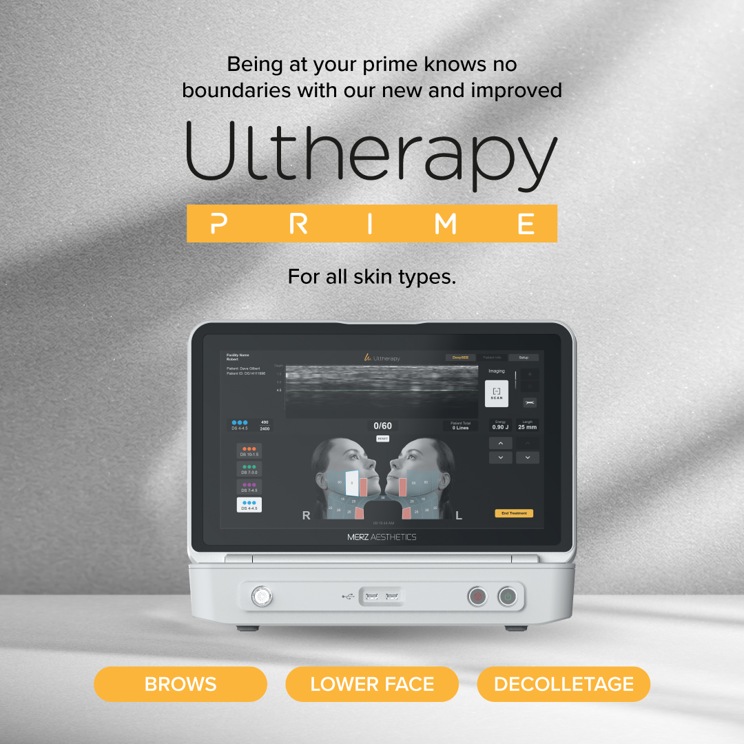 A medical device screen displaying Ultherapy PRIME treatment information with an image of a woman’s face. Text above and below highlights its use for non-invasive skin lifting and skin tightening on brows, lower face, and décolletage for all skin types.