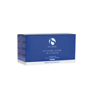 A blue and white box labeled "Is Clinical Active Peel System (pack of 15)" featuring "Step 1 & 2 Treatment Pads" and "Innovative Skincare" showcases the product's advanced skincare technology.