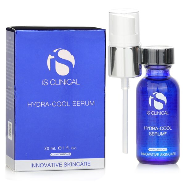 A blue 15 ml bottle of iS Clinical Hydra-Cool Serum appears beside its box and white pump. The packaging features "Innovative Skincare" and "Cosmeceuticals" in white text.