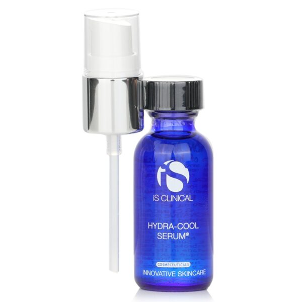 A blue glass bottle labeled "Hydra-Cool Serum 15ml" with a silver and white pump sits on a white background—ideal for adding this hydrating serum to your skincare routine.