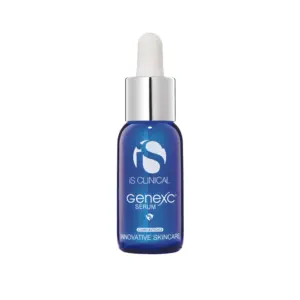 A 15ml blue bottle of GeneXC Serum with a white dropper cap and silver band features the product name and branding in white on the label.
