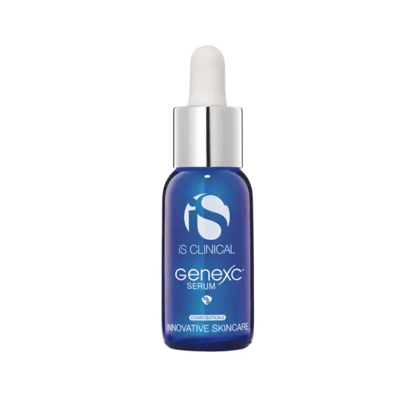 A 15ml blue bottle of GeneXC Serum with a white dropper cap and silver band features the product name and branding in white on the label.