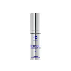 A silver and white bottle of Retinol+ Emulsion 0.3 30ml with a pump dispenser and blue branding is displayed on a plain white background, highlighting its advanced retinol formula.