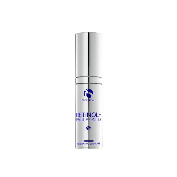 A silver and white bottle of Retinol+ Emulsion 0.3 30ml with a pump dispenser and blue branding is displayed on a plain white background, highlighting its advanced retinol formula.