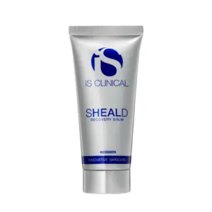 A silver tube labeled "Sheald Recovery Balm 60g" stands upright against a white background, emphasizing this balm as an ideal choice for soothing and protecting distressed skin.