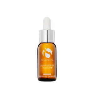 A 15ml brown glass dropper bottle labeled "Super Serum Advance+ 15ml" with a silver cap and white dropper, displayed against a plain white background.