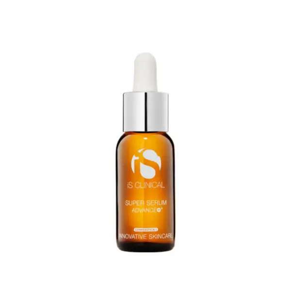 A 15ml brown glass dropper bottle labeled "Super Serum Advance+ 15ml" with a silver cap and white dropper, displayed against a plain white background.