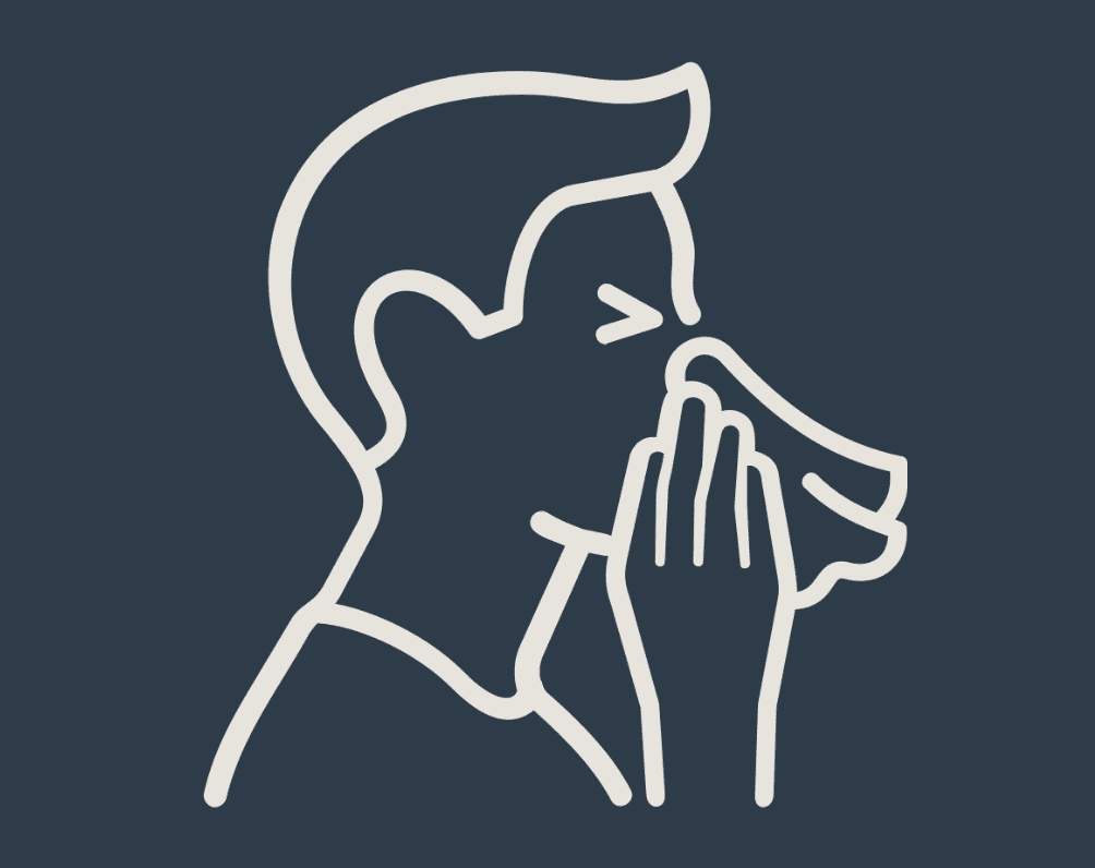 Illustration of a minimalist white line drawing on a dark blue background, depicting a stylized human profile with hands gently placed on a dog's face, symbolizing the comfort found in pets despite allergies.