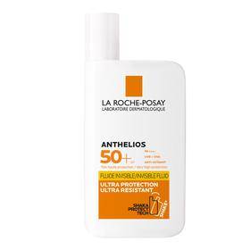 White bottle of la roche-posay anthelios sunscreen with spf 50+ protection. the label includes orange and black text, promoting its ultra-resistant, ultra-protection formula.