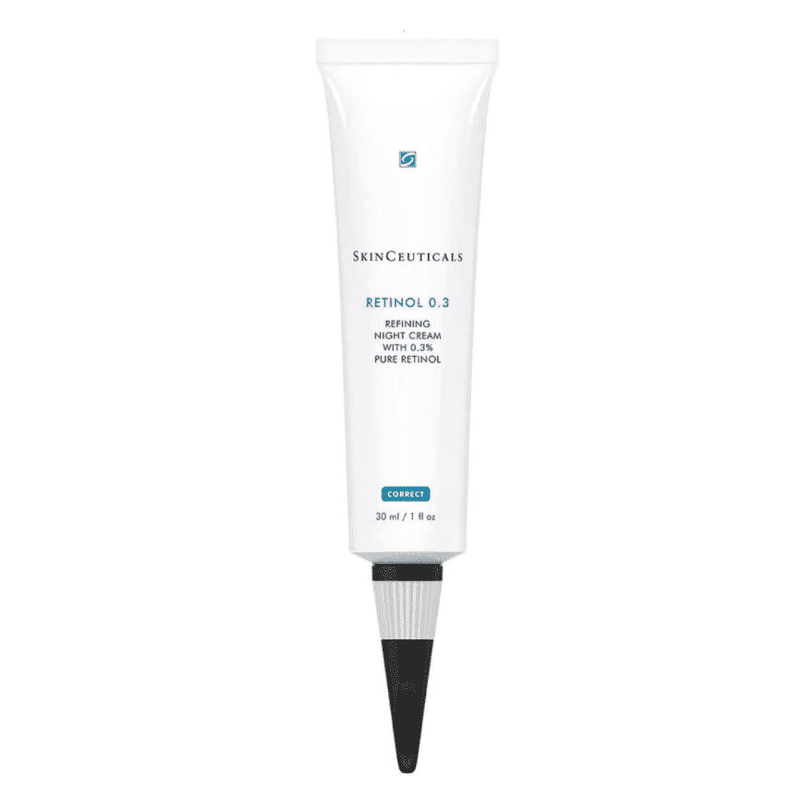 A tube of skinceuticals retinol 0.3 refining night cream with pure retinol, 30 ml size, primarily white packaging with blue and black text.