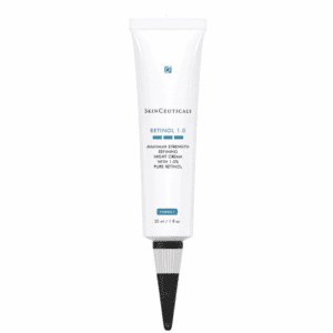 White tube of skinceuticals retinol 1.0 cream against a plain background, labeled for firming and anti-wrinkle night treatment with pure retinol, 30 ml / 1 fl oz.