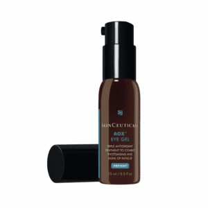 A brown opaque bottle of skinceuticals aox+ eye gel with a black pump dispenser, labeled prominently and sized at 15 ml, isolated on a white background.