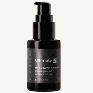 A matte black bottle of 'ultimate a' 0.1% vitamin a serum with a pump dispenser on a white background. the bottle is labeled with product details including size (30ml/1oz).