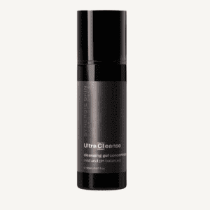 A sleek black bottle of "synergie skin ultracleanse" cleansing gel, labeled as mild and ph balanced, with a capacity of 50 ml or 1.69 fl oz. the container features a pump dispenser.
