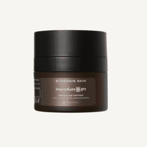 A black container of synergie skin improveyes night cream against a white background. the label shows it is an intensive eye treatment with nourishing oils and antioxidants.