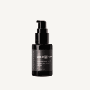 A black pump bottle labeled "super serum" with text indicating it is a youth renewal serum with age-defying actives. the bottle contains 3.0 ounces of serum, displayed against a plain white background.