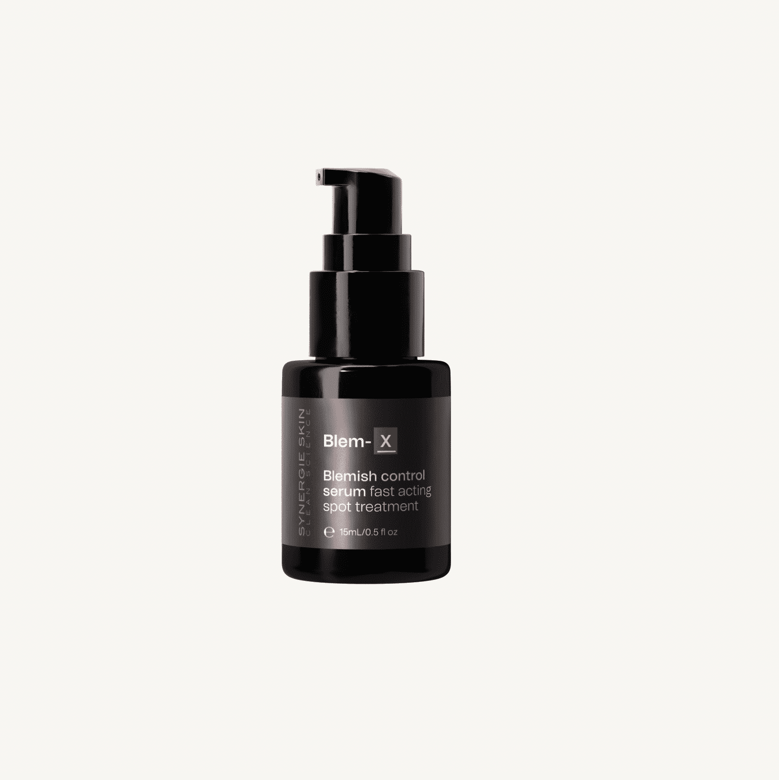 Black skincare pump bottle labeled "blem-x, blemish control serum, super fast acting, optimum strength, 0.5 fl. oz." on a white background.