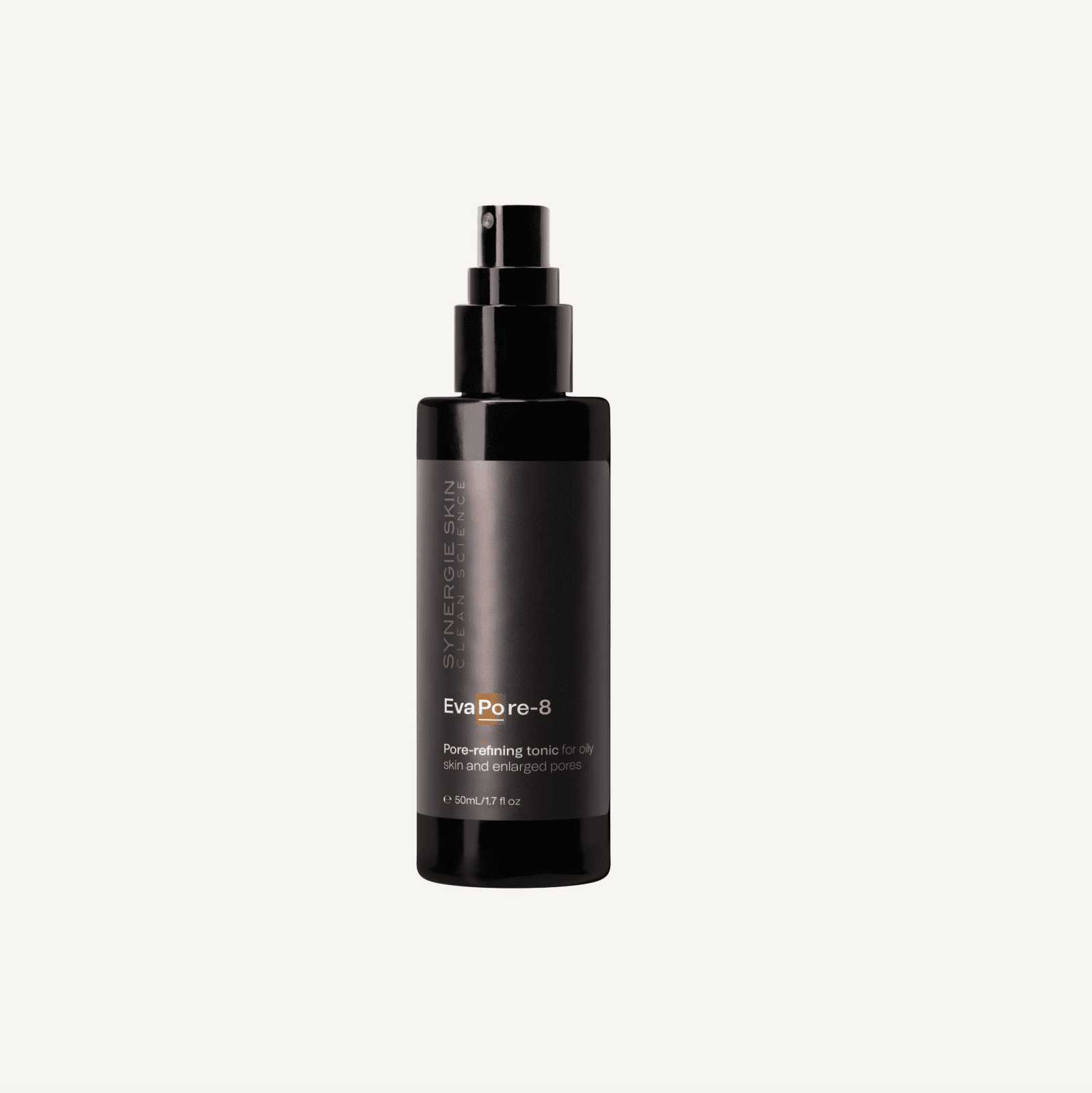 A black, cylindrical spray bottle labeled "eva-pore-8" by synargésskin. the bottle features minimalist design and text expressing its purpose as a pore-minimizing tonic.
