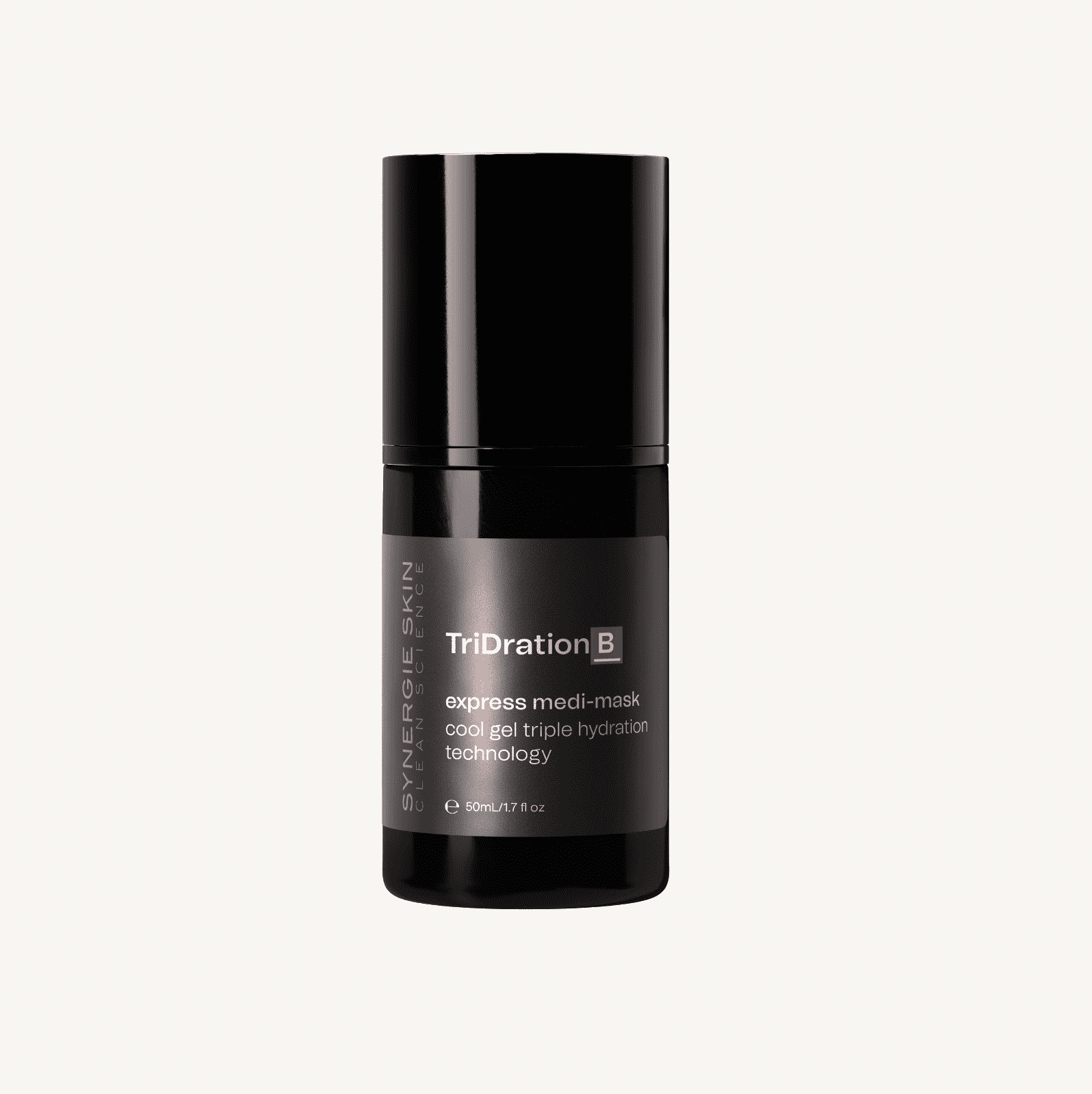 A cylindrical black skincare product container labeled "tridration b" from infuse by inn, described as an "express medi-mask cool gel triple hydration technology." it contains 50 ml of product.