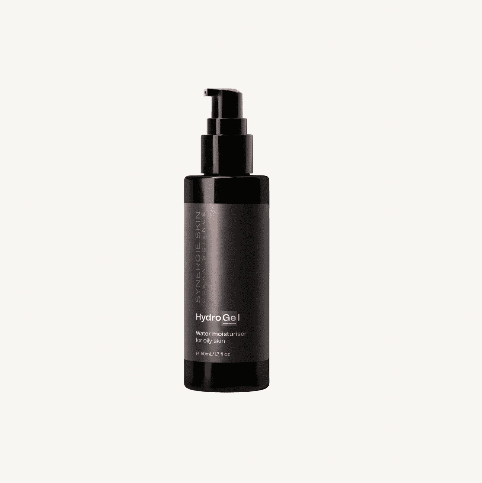 A black bottle with a pump dispenser labeled "synergic skin hydrogel water moisturizer" on a white background. the container has minimalistic design and contains 50 ml of the product.