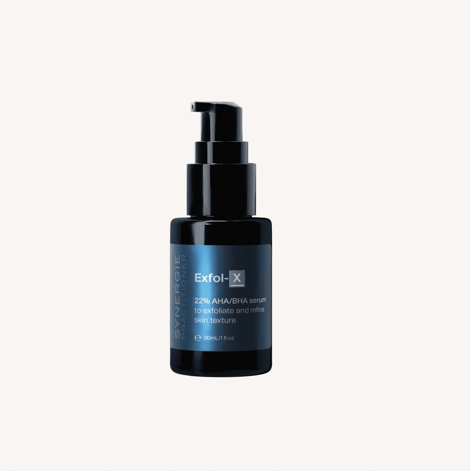 A dark blue pump bottle of omorovicza exfol-x, a 22% aha/bha serum, designed to exfoliate and refine skin texture, isolated on a white background.
