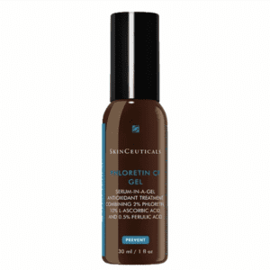 A bottle of skinceuticals phloretin cf gel, a skin treatment product, with a dark brown, opaque body and a black cap, labeled with product details in white and blue text.