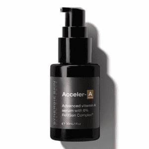 A bottle of acceler-a, synergie skin brand, containing advanced vitamin a serum with encapsulated retinol complex, displayed upright with a pump dispenser, on a plain white background.