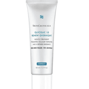 A tube of skinceuticals glycolic 10 renew overnight cream, featuring text that details its benefits like promoting cellular turnover and refined radiance, with the acid value of 10% glycolic. the tube contains 50 ml or 1.7 fl oz of product.