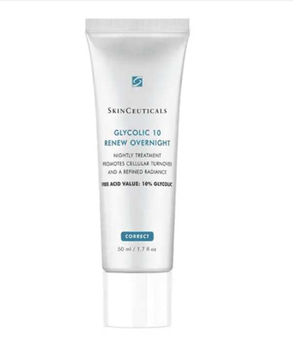 A tube of skinceuticals glycolic 10 renew overnight cream, featuring text that details its benefits like promoting cellular turnover and refined radiance, with the acid value of 10% glycolic. the tube contains 50 ml or 1.7 fl oz of product.