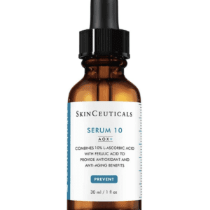 A bottle of skinceuticals serum 10 aox+ with a dropper, labeled for its anti-aging and antioxidant properties, containing 10% l-ascorbic acid. the bottle is clear, showing the light yellow serum.