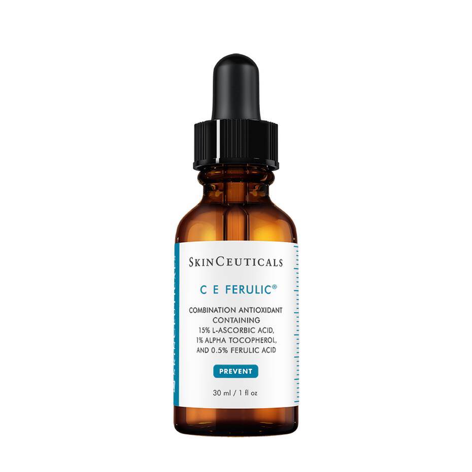 A bottle of skinceuticals c e ferulic serum with a dropper, labeled as containing a combination of antioxidants for skin treatment. the bottle contains 1 fl oz / 30 ml of the product.