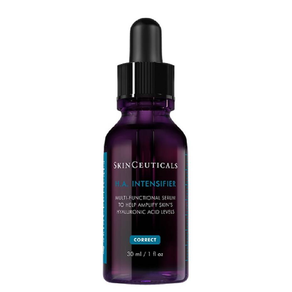 A bottle of skinceuticals h.a. intensifier, a multi-functional serum to amplify skin's hyaluronic acid levels, displayed against a white background. the bottle is violet with a dropper, and contains 30 ml of the product.