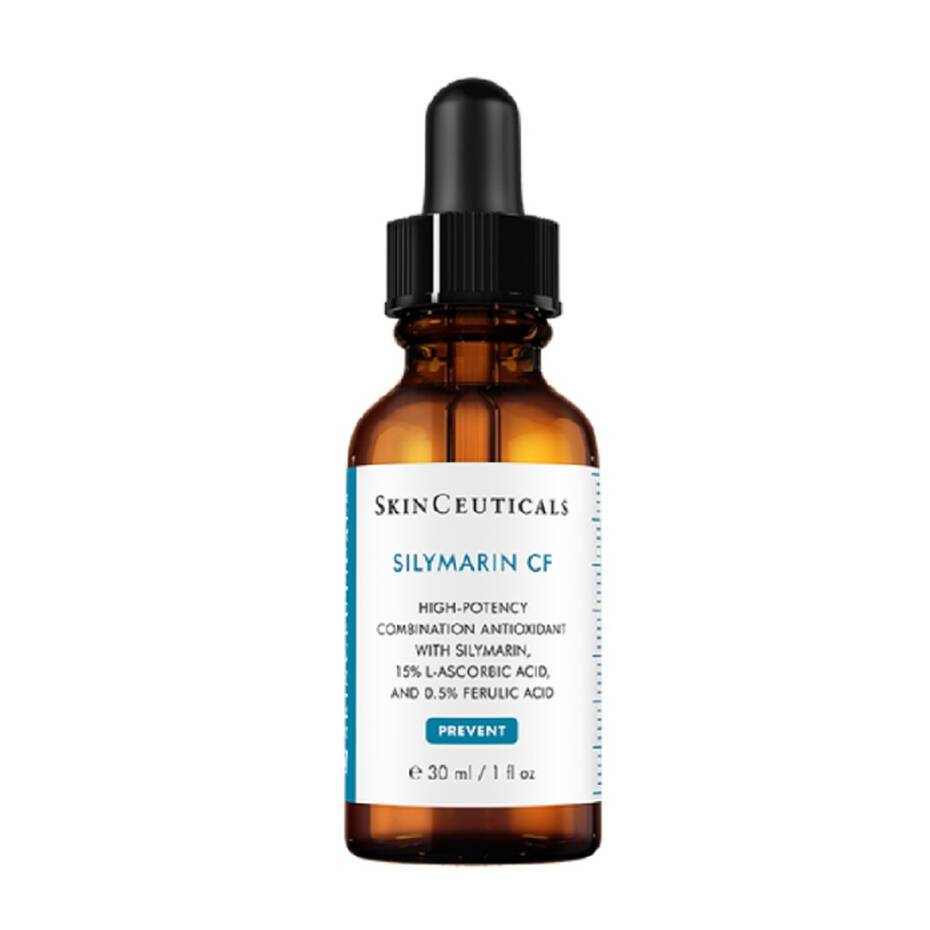 A clear glass dropper bottle labeled "skinceuticals skinceuticals c e ferulic" with additional text indicating it contains a high-potency combination of 15% l-ascorbic acid, 0.5% ferulic acid, and 1% alpha tocopherol.