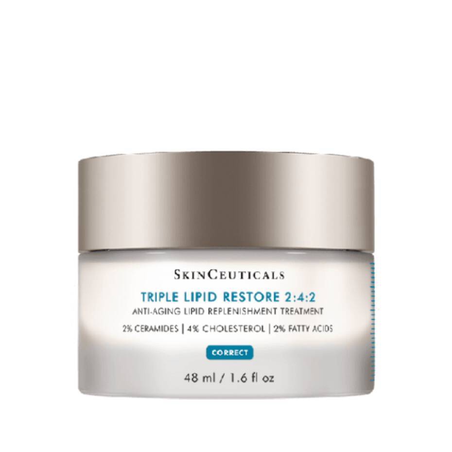 A jar of skinceuticals triple lipid restore 2:4:2 anti-aging cream, featuring a white container with silver lid, labeled clearly with product name and benefits.
