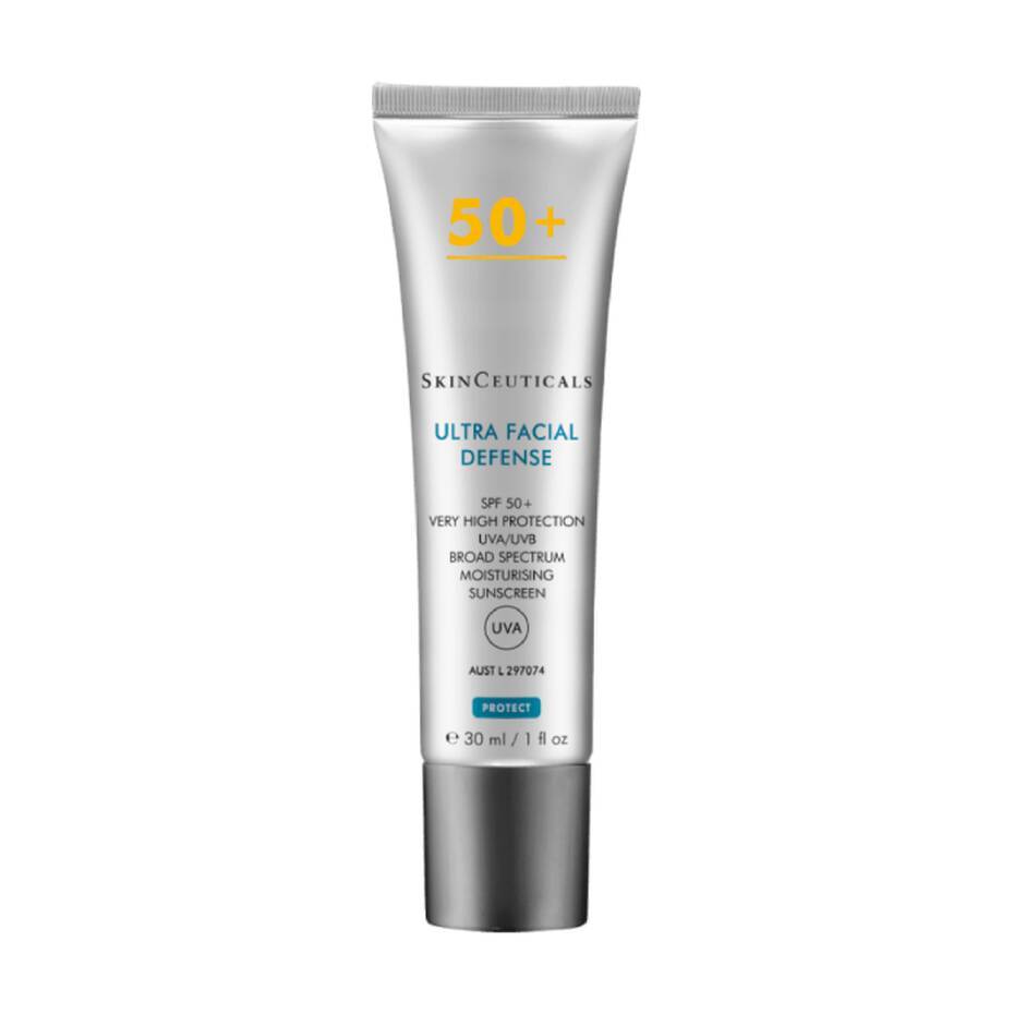 A tube of skinceuticals ultra facial defense sunscreen spf 50+. the packaging is silver and white, labeled with product information and benefits, including uv protection. it contains 30 ml of product.