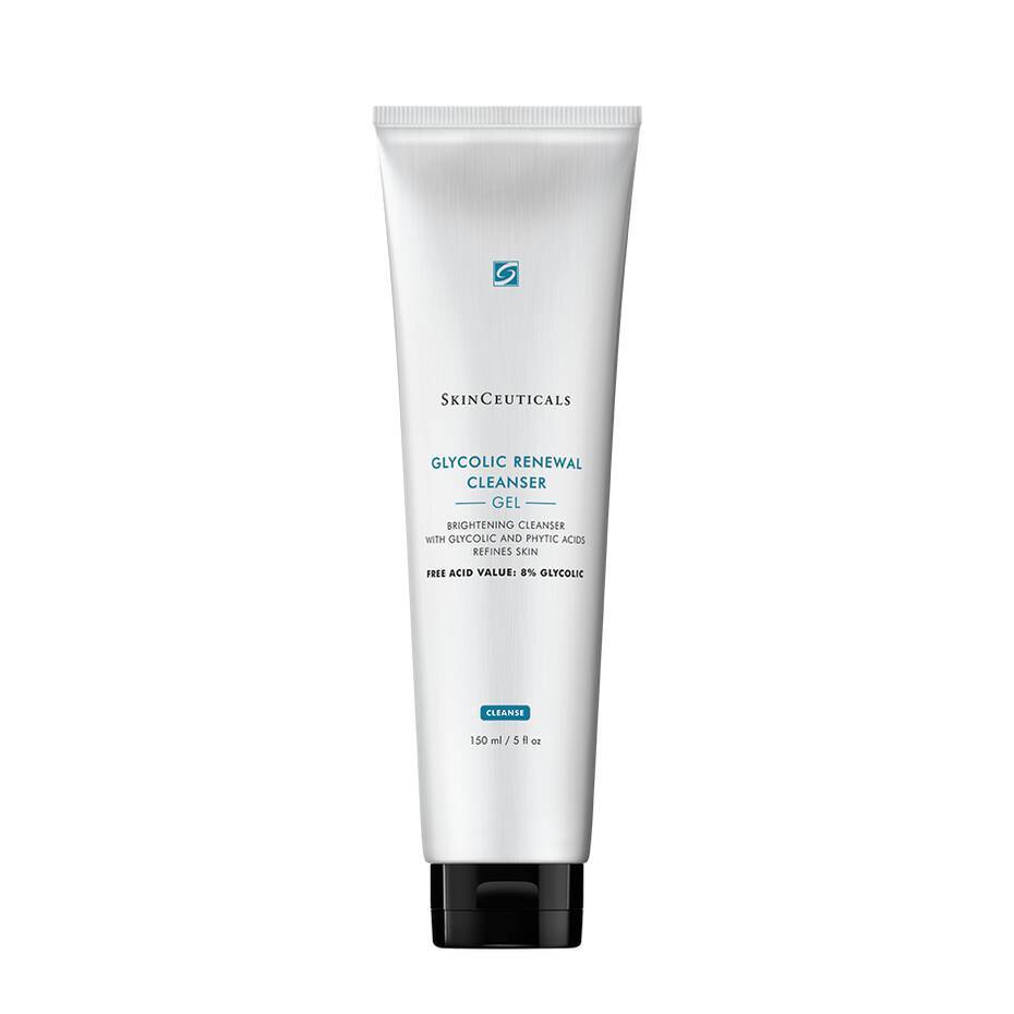 A tube of skinceuticals glycolic renewal cleanser with a white background. the tube is white with blue and black text detailing the product's purpose and ingredients.