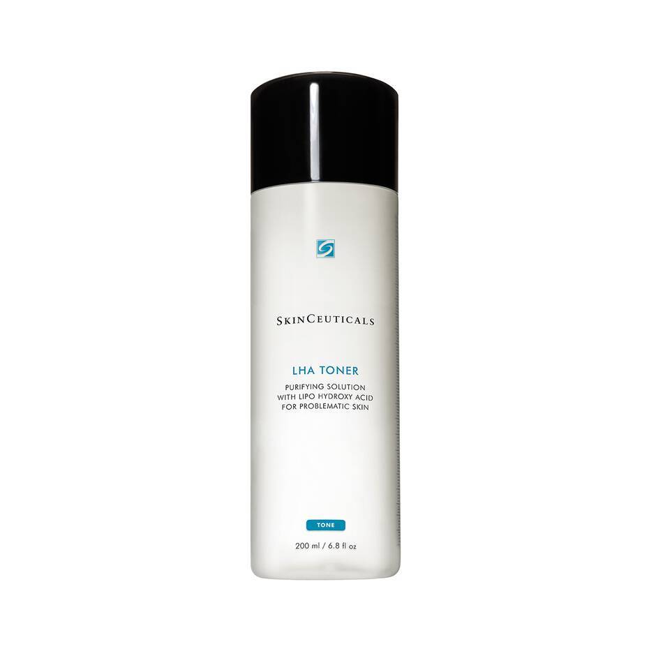 A product image of a skinceuticals lha toner bottle, which is a purifying toner with lipo hydroxy acid for problematic skin, in a 200 ml size. the bottle is white with a black cap and blue branding.