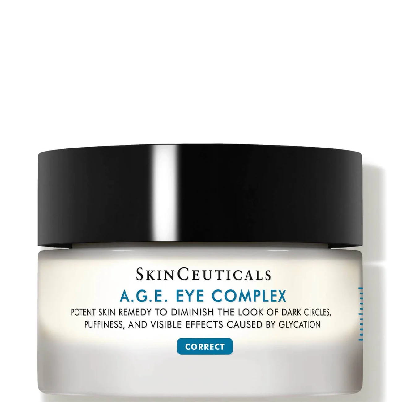 A jar of skinceuticals a.g.e. eye complex cream with a black lid and labeled as a potent skin remedy for diminishing dark circles and puffiness.