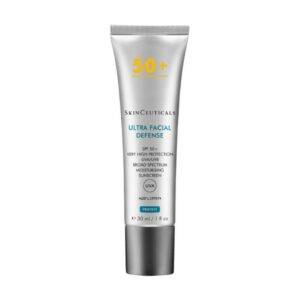 A tube of SkinSceuticals Facial Defense SPF50+ sunscreen. The tube is labeled with product details and is 30ml in size. It is primarily silver and white with black text.