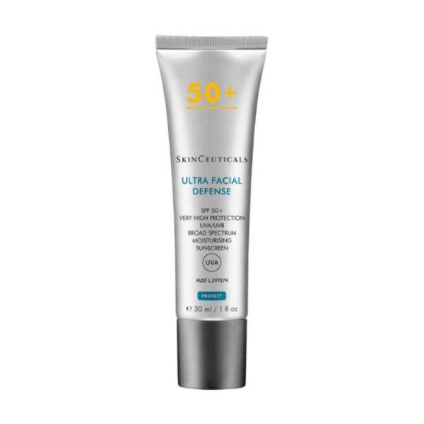 A tube of SkinSceuticals Facial Defense SPF50+ sunscreen. The tube is labeled with product details and is 30ml in size. It is primarily silver and white with black text.