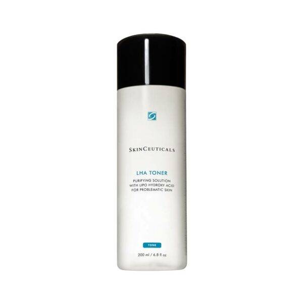 A white and black SkinCeuticals LHA Toner bottle for problematic skin, featuring a clear label with blue and black text. The bottle contains 200 ml (6.8 fl oz)