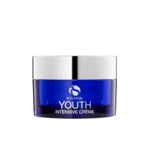 A blue jar with a silver lid labeled "Youth Intensive Crème 50g," an intensive moisturizer, is displayed on a plain white background.