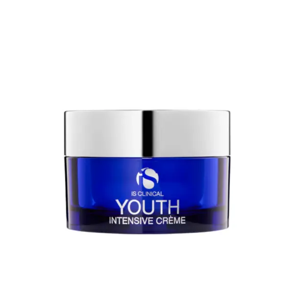 A blue jar with a silver lid labeled "Youth Intensive Crème 50g," an intensive moisturizer, is displayed on a plain white background.
