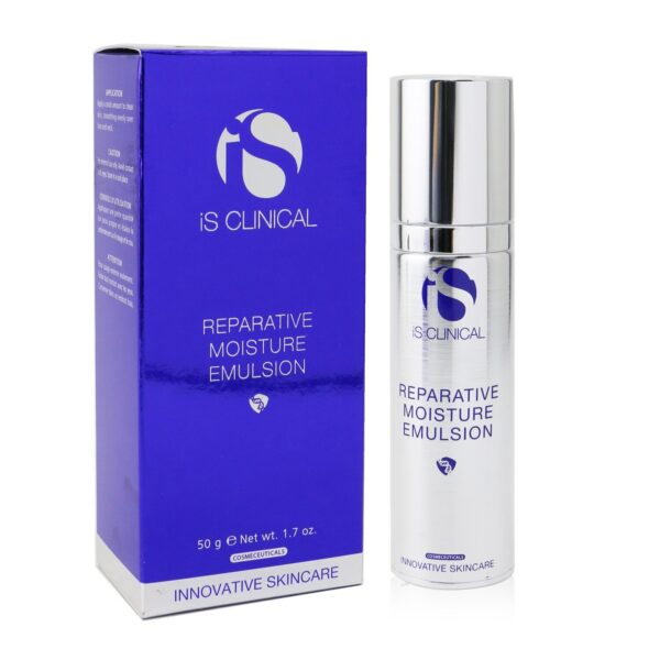 A silver bottle of Reparative Moisture Emulsion 50g stands beside its matching blue and silver box, both displaying the product name, size (50g) and "Innovative Skincare" along the bottom.