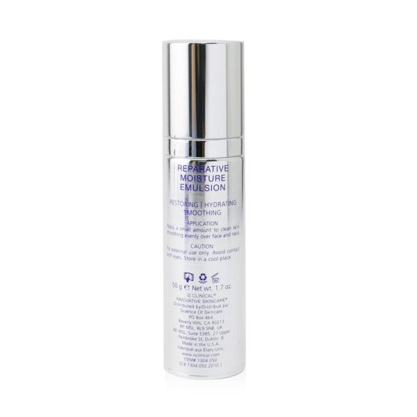 A silver bottle of Reparative Moisture Emulsion 50g with blue text stands upright against a plain white background, emphasizing the luxury of this hydrating formula.
