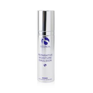 A 50g bottle of Reparative Moisture Emulsion stands upright against a white background, featuring a silver and white design with a pump dispenser and blue and grey text on the front.