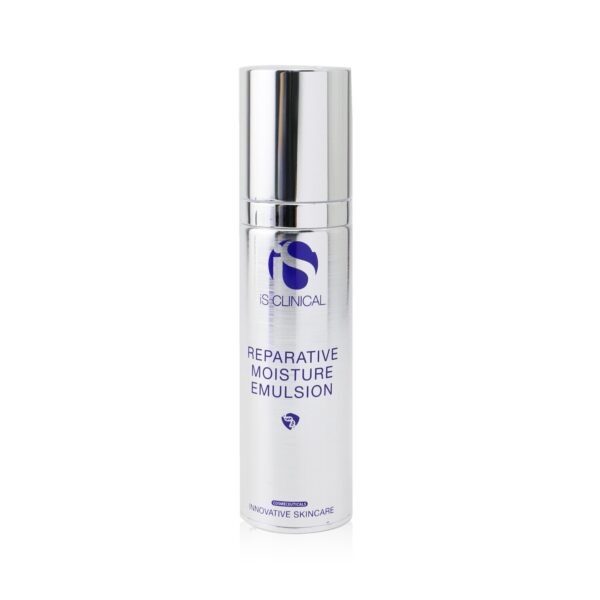A 50g bottle of Reparative Moisture Emulsion stands upright against a white background, featuring a silver and white design with a pump dispenser and blue and grey text on the front.