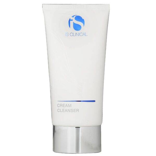 A 120ml tube of iS Clinical Cream Cleanser comes in white with a silver cap, displaying the blue logo and product name on the front.