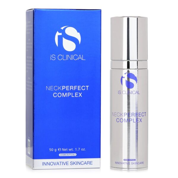 A silver bottle labeled "NeckPerfect Complex 50g" stands next to its matching blue and silver box, featuring product details like the weight (50g/1.7oz) and brand name iS Clinical on the packaging.